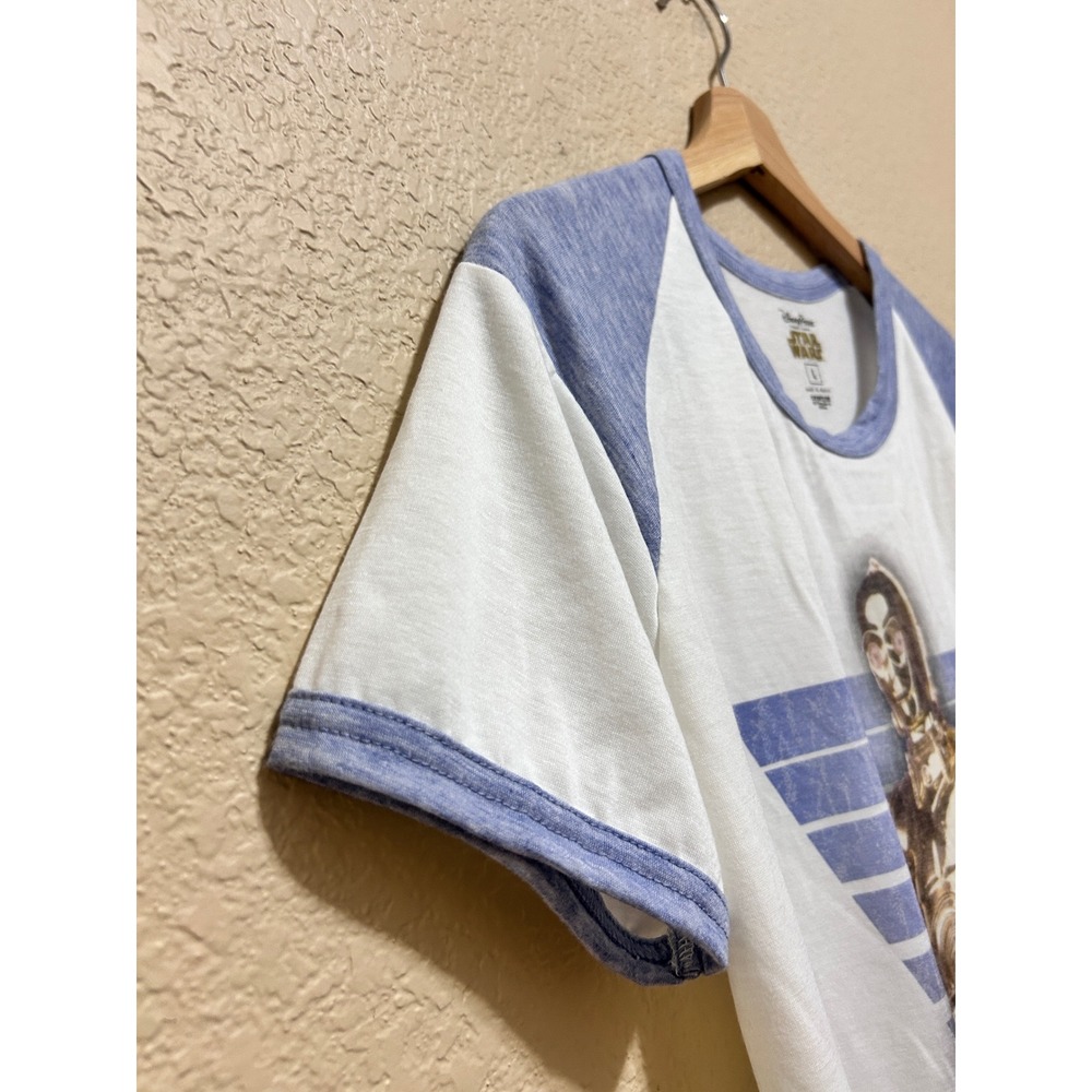 Disney Parks Large Star Wars C-3PO Raglan Tee White Blue Retro Don't Blame Me - Picture 9 of 11